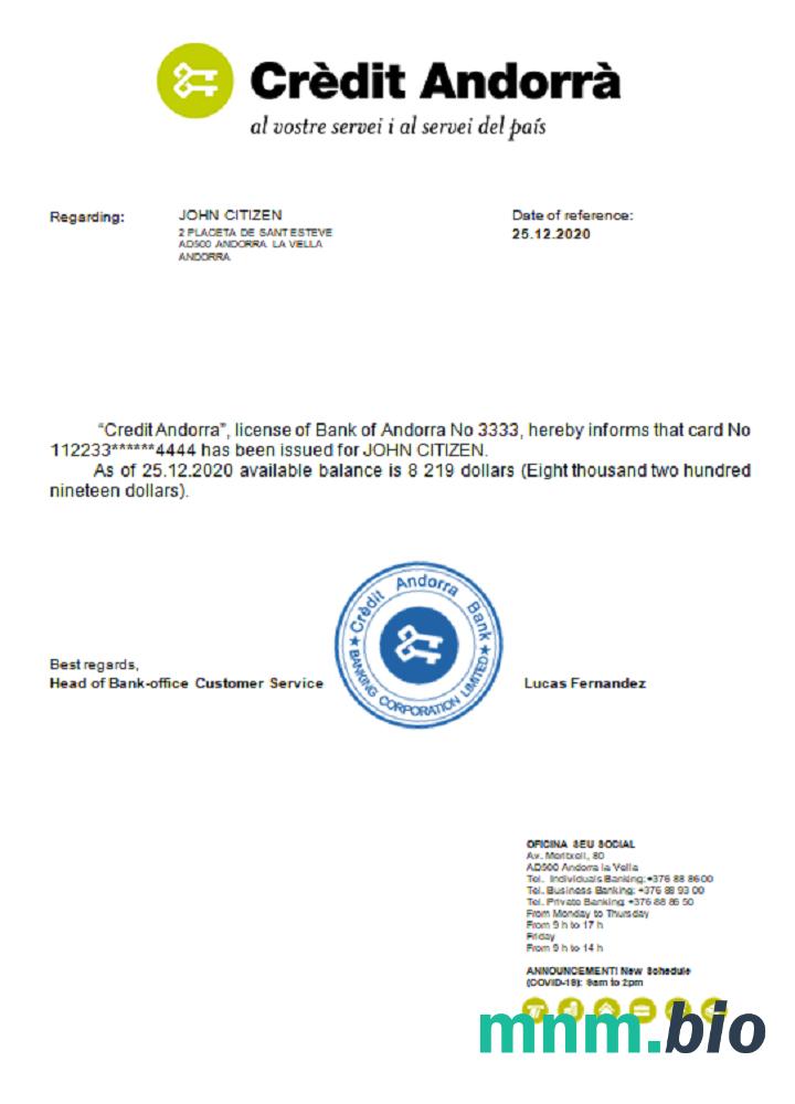 Andorra Credit Andorra bank przykład odniesienia w formatach Word i PDF